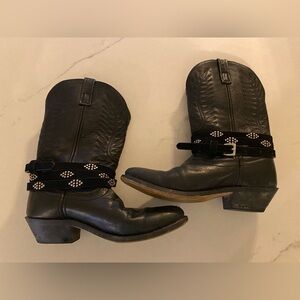 Laredo Women’s 7 1/2 Black Leather Boots Cowgirl Moto Festival Belted Tooled